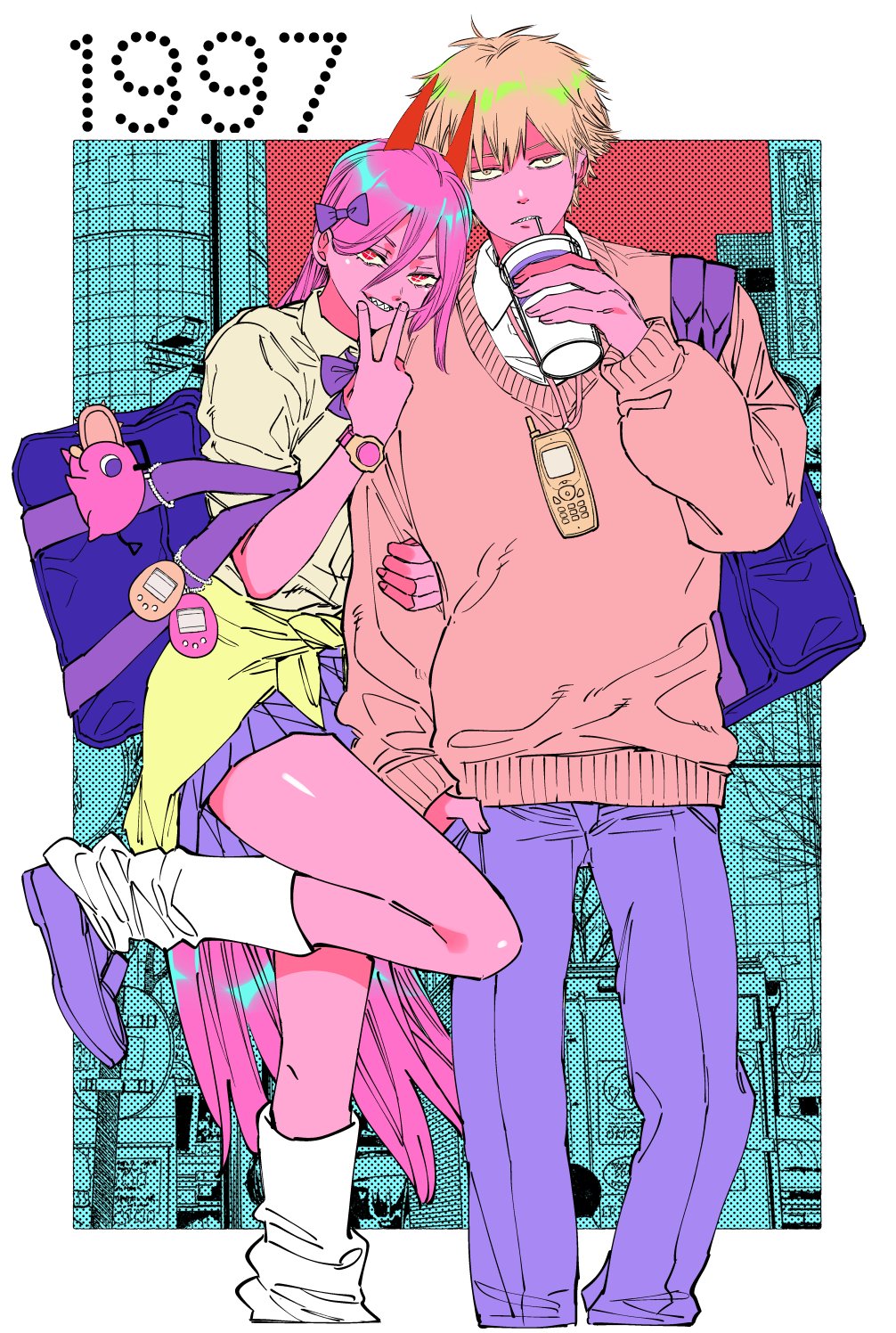 1997, 1boy, 1girl, alternate_costume, alternate_eye_color, bag, baggy_clothes, blonde_hair