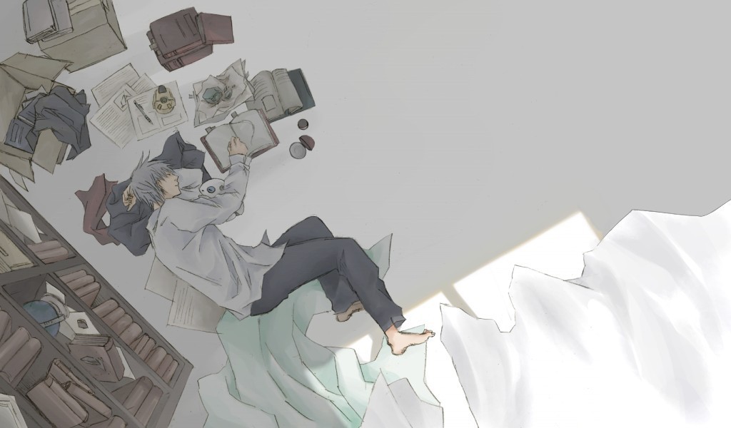 1boy, aron, book, bookshelf, box, boxes, floor, from_above