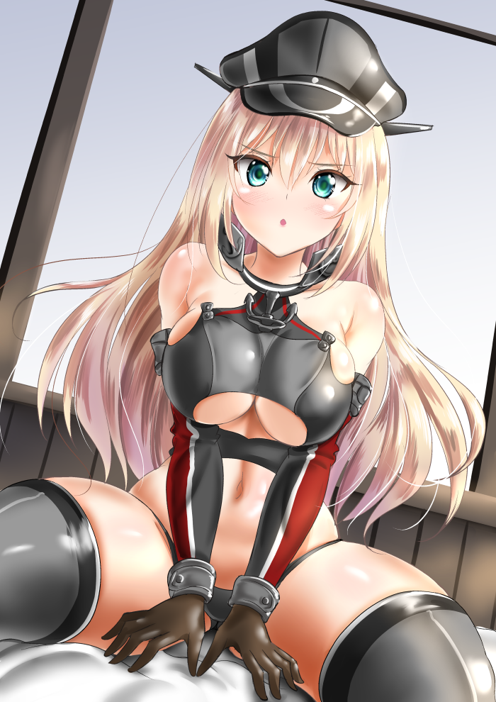 1girl, aqua_eyes, bangs, bare_shoulders, bismarck_(kantai_collection), black_panties, blonde_hair, breastplate