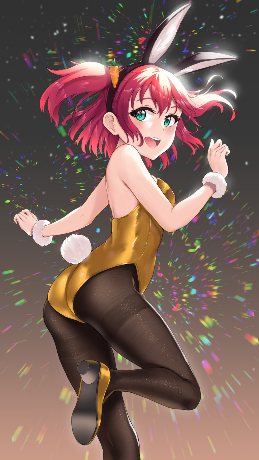 1girl, animal_ears, aqua_eyes, ass, black_legwear, bunny_girl, bunny_tail, bunnysuit