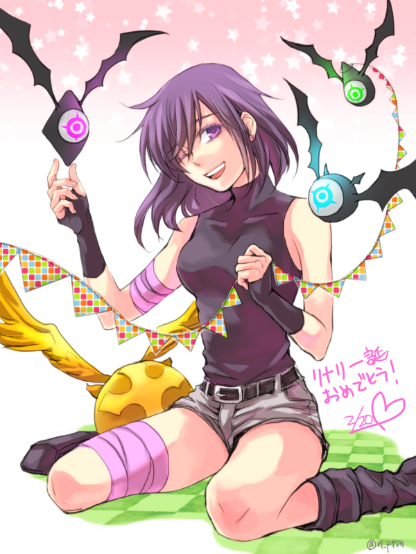 1girl, ;d, bandaged_arm, bandaged_leg, bandages, belt, belt_buckle, black_belt, black_shirt, buckle, checkered, checkered_floor, d.gray-man, dated, floating_hair, grey_shorts, head_tilt, heart, lenalee_lee, long_hair, looking_at_viewer, n_ptm, one_eye_closed, open_mouth, purple_hair, shirt, short_shorts, shorts, sitting, sleeveless, sleeveless_shirt, smile, solo, timcanpy, turtleneck, twitter_username, violet_eyes, wariza