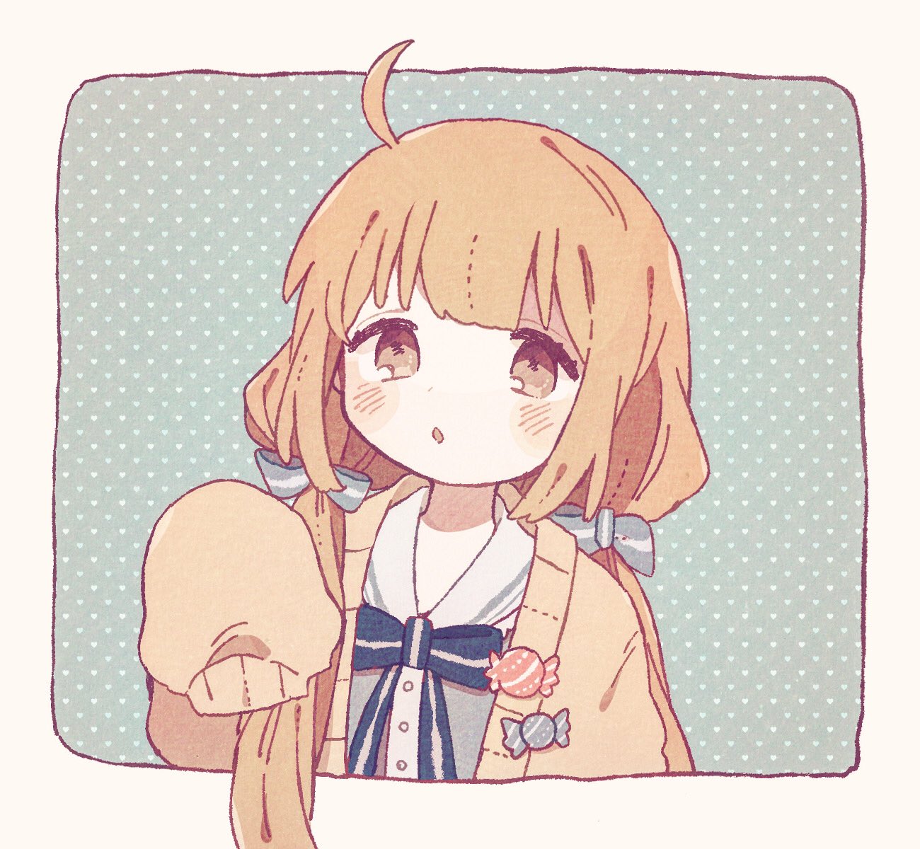 1girl, ahoge, bangs, blonde_hair, blue_bow, blue_shirt, bow, brown_eyes