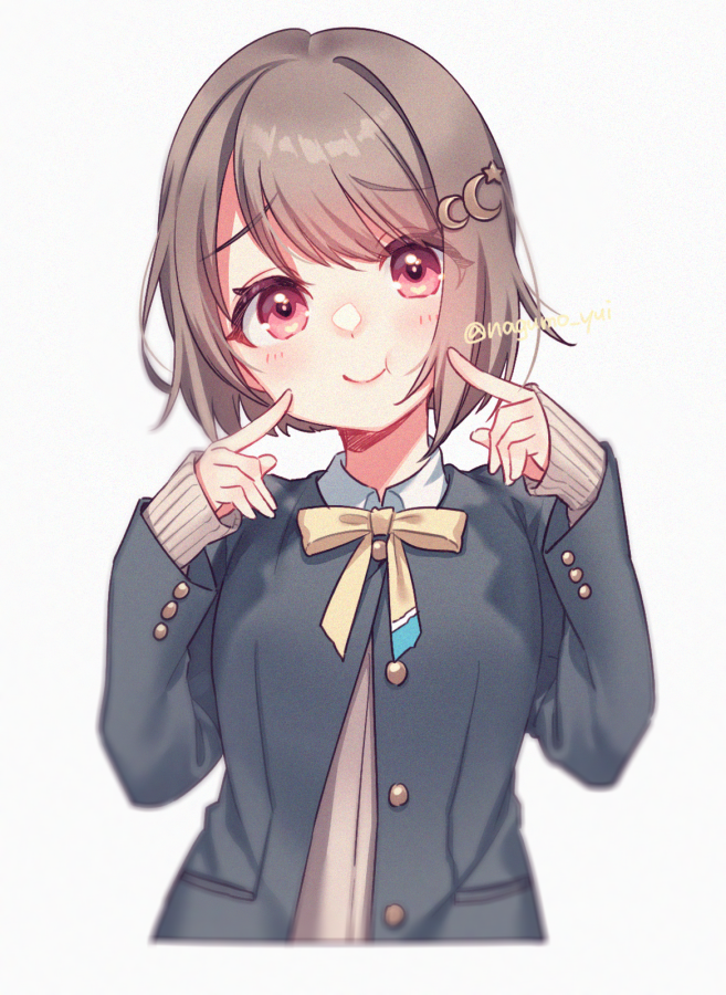 1girl, :t, bangs, beige_sweater, black_jacket, blazer, blurry, blush