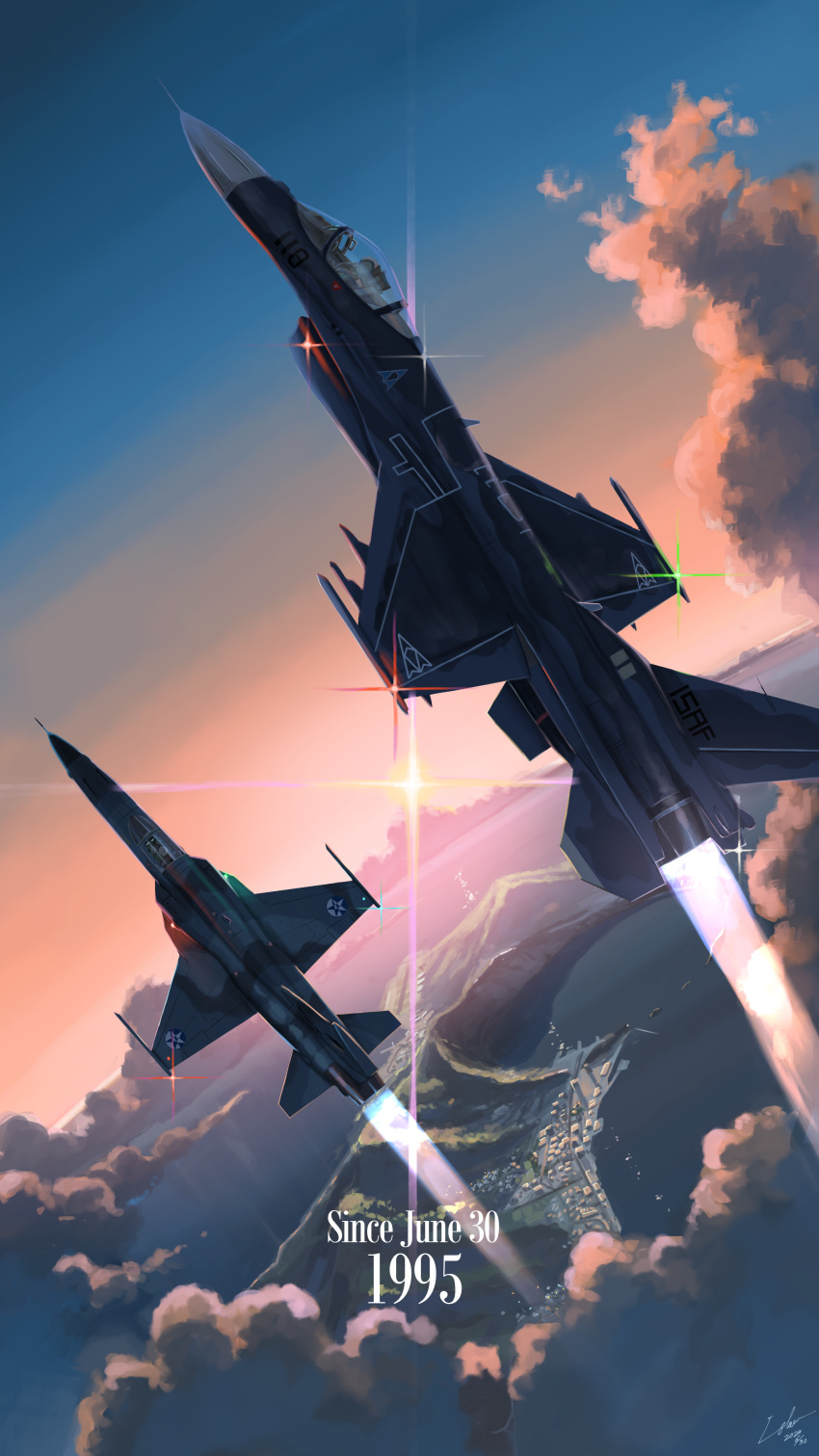absurdres, ace_combat, ace_combat_04, aircraft, airplane, airplane_wing, anniversary, city_below