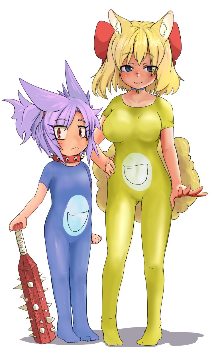 2girls, :3, animal_ears, bell, blonde_hair, blue_choker, blue_eyes, blush
