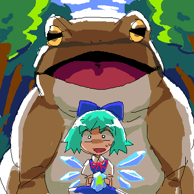 bad_id, blue_hair, cirno, frog, hachi_(8bit_canvas), lowres, oekaki, oogama