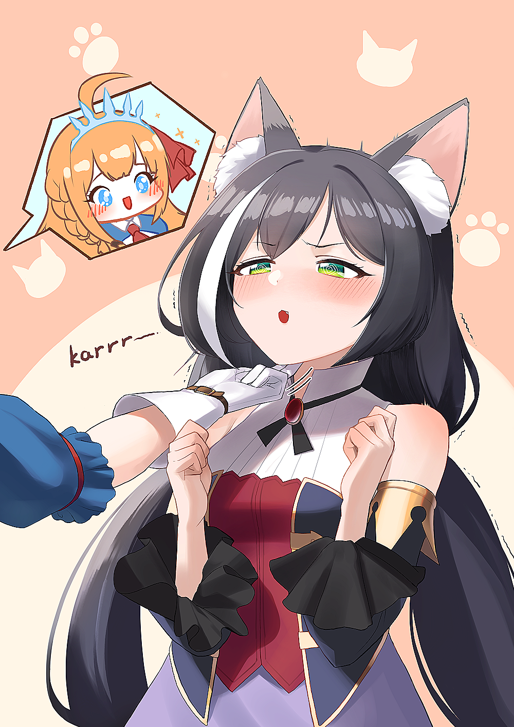2girls, :d, :o, @_@, ahoge, animal_ear_fluff, animal_ears, bangs