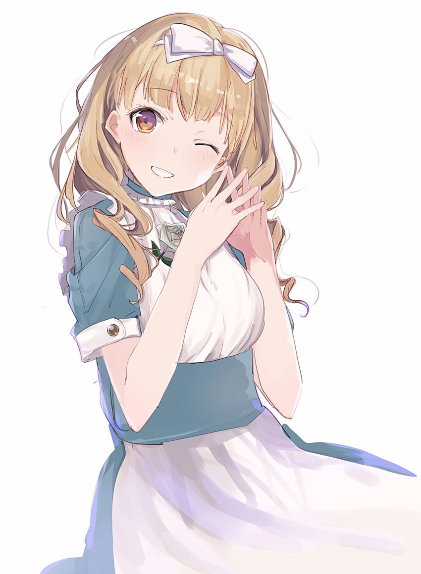 1girl, bangs, blonde_hair, blush, bow, dress, eyebrows_visible_through_hair, fingers_together