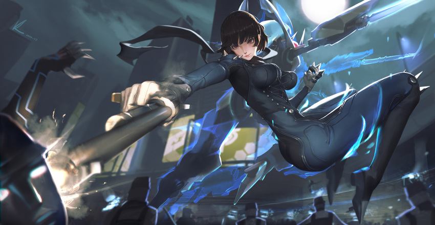 1girl, anat_(persona_5), bangs, battle, biker_clothes, black_bodysuit, black_hair, bodysuit