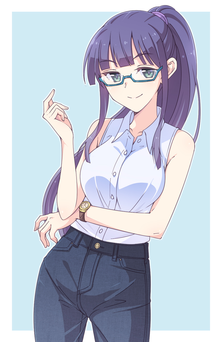 1girl, aqua-framed_eyewear, aqua_eyes, bangs, black_pants, blue_background, blue_hair, collared_shirt, cowboy_shot, e20, elbow_on_arm, glasses, hair_tie, hand_up, highres, long_hair, looking_at_viewer, original, outline, pants, ponytail, semi-rimless_eyewear, shirt, sidelocks, sleeveless, sleeveless_shirt, smile, solo, under-rim_eyewear, watch, watch, white_outline, white_shirt