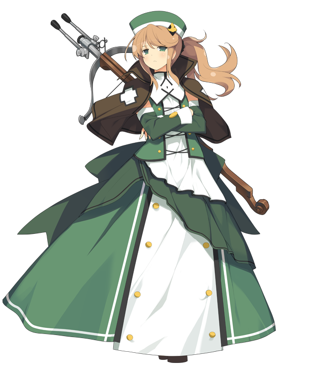 1girl, bow_(weapon), brown_hair, capelet, crossbow, crossed_arms, detached_sleeves, dress, evenicle, full_body, green_dress, green_eyes, hat, kathryn_lapucelle, long_dress, long_hair, looking_at_viewer, official_art, ponytail, solo, tachi-e, weapon