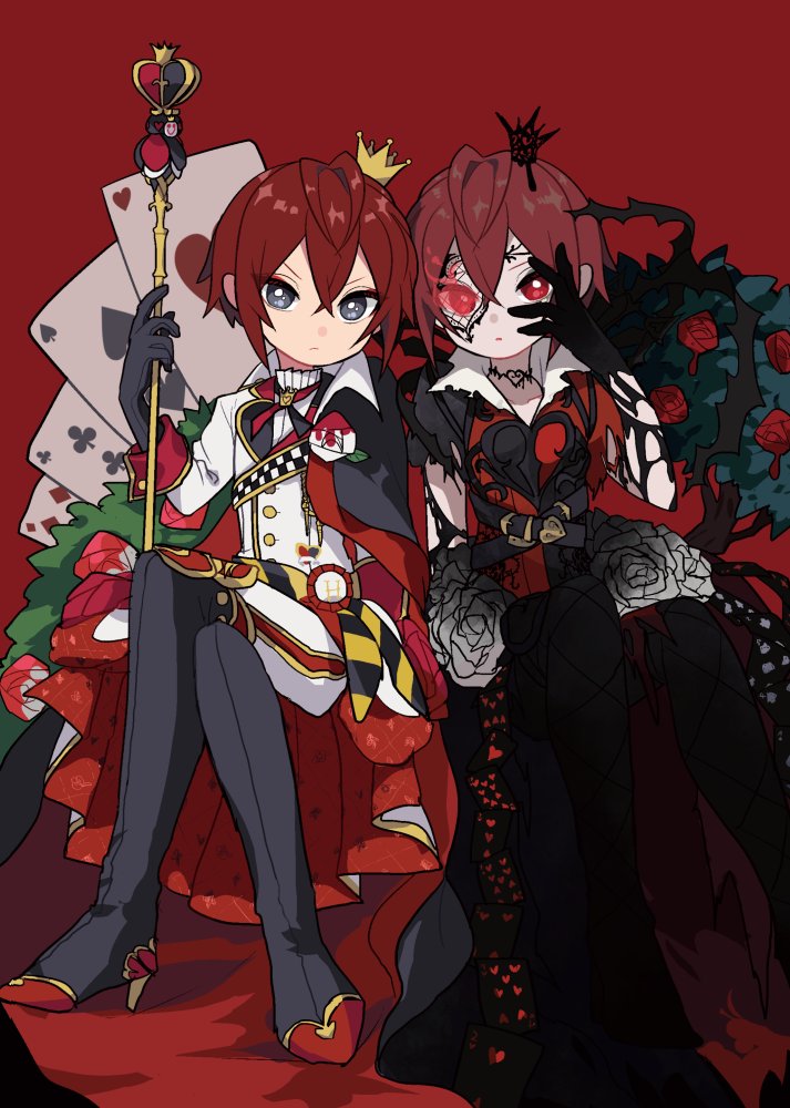 1boy, bangs, black_gloves, blue_eyes, crossed_legs, crown, flower, gloves