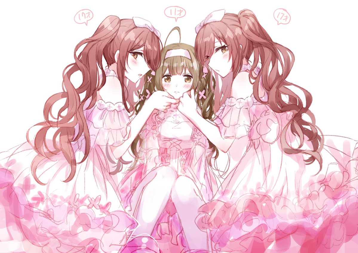 3:, 3girls, age_difference, ahoge, alternate_hairstyle, bare_shoulders, bow, character_age