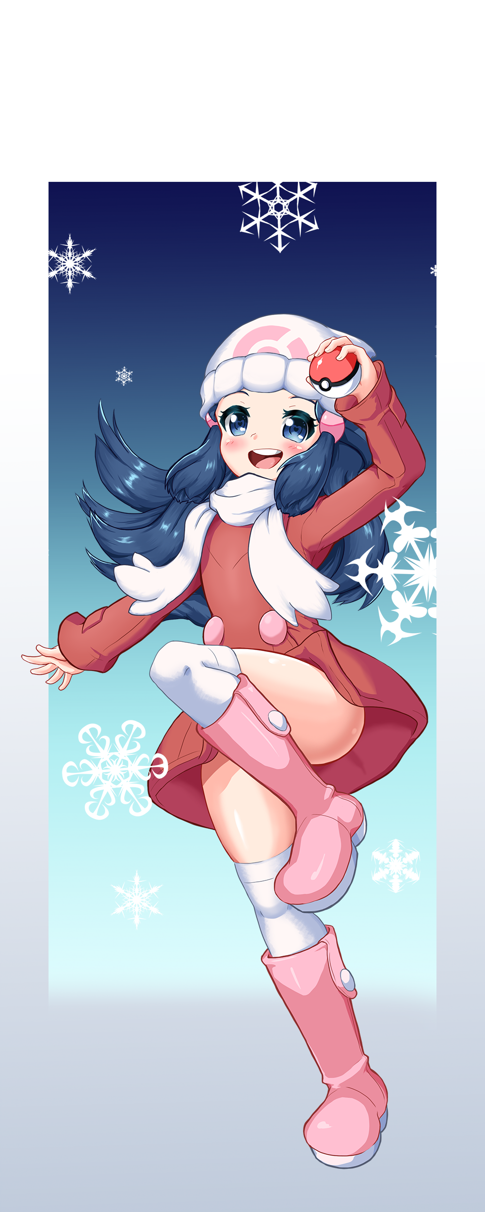 1girl, :d, absurdres, arm_up, beanie, blue_eyes, blue_hair, blush