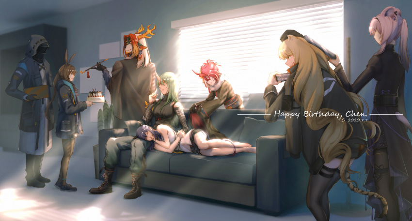 absurdres, amiya_(arknights), arknights, arm_ribbon, black_shorts, blonde_hair, boots, cellphone, ch'en_(arknights), character_request, closed_mouth, couch, curtains, doctor_(arknights), dragon_horns, fumizuki_(arknights), happy_birthday, highres, holding, holding_hands, holding_phone, horns, hoshiguma_(arknights), indoors, lying, on_side, paper, phone, redhead, ribbon, shirt, shorts, silver_hair, sleeping, sleeveless, sleeveless_shirt, smartphone, swire_(arknights), thighs, tory-chen, white_shirt, window, yellow_neckwear