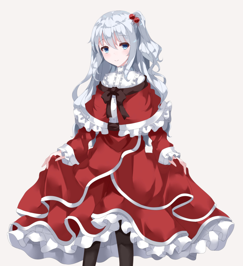 1girl, black_legwear, blue_eyes, blush, curly_hair, dress, dress_tug, frilled_dress