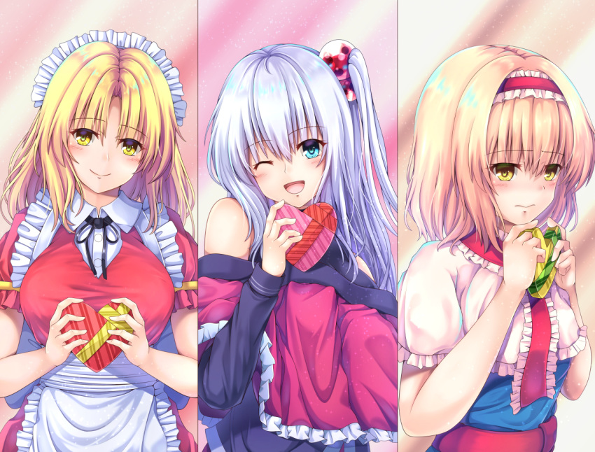 3girls, :d, alice_margatroid, apron, bare_shoulders, black_shirt, blonde_hair, blue_dress