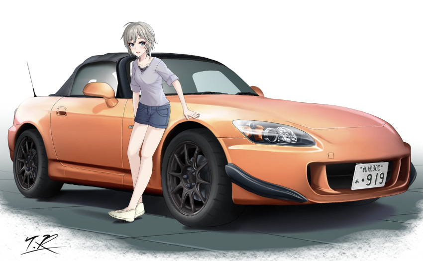 1girl, :d, anastasia_(idolmaster), antenna_hair, bangs, blue_eyes, blue_shorts, blush