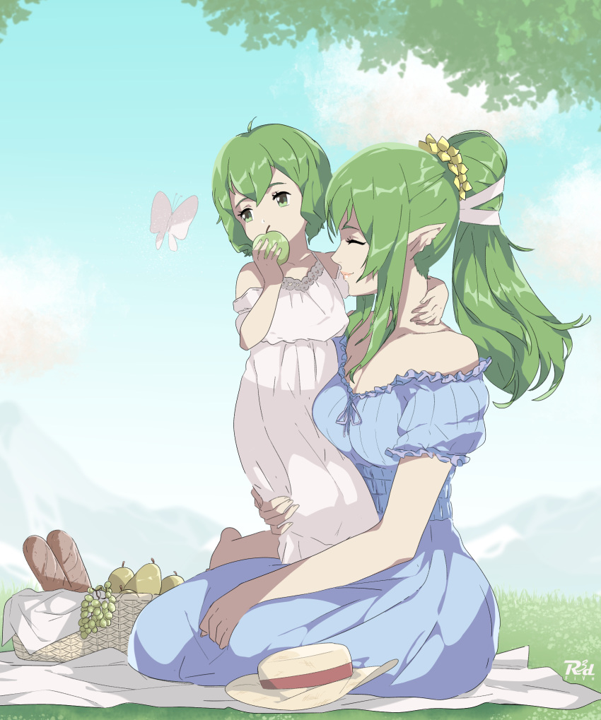 2girls, apple, artist_name, bare_shoulders, bread, bug, butterfly, closed_eyes