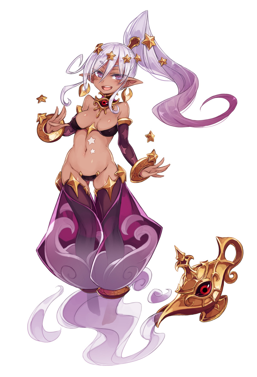 1girl, absurdres, ass_visible_through_thighs, bangs, blush, bra, breasts, c-string, choker, dark_skin, detached_sleeves, earrings, enty_reward, eyebrows_visible_through_hair, full_body, genie, genie_(monster_girl_encyclopedia), gradient_hair, highres, jewelry, kenkou_cross, lamp, lavender_hair, looking_at_viewer, monster_girl_encyclopedia, multicolored_hair, official_art, oil_lamp, open_mouth, paid_reward, photoshop_(medium), pointy_ears, ponytail, purple_legwear, simple_background, small_breasts, smile, solo, tattoo, thigh-highs, underwear, violet_eyes, white_background