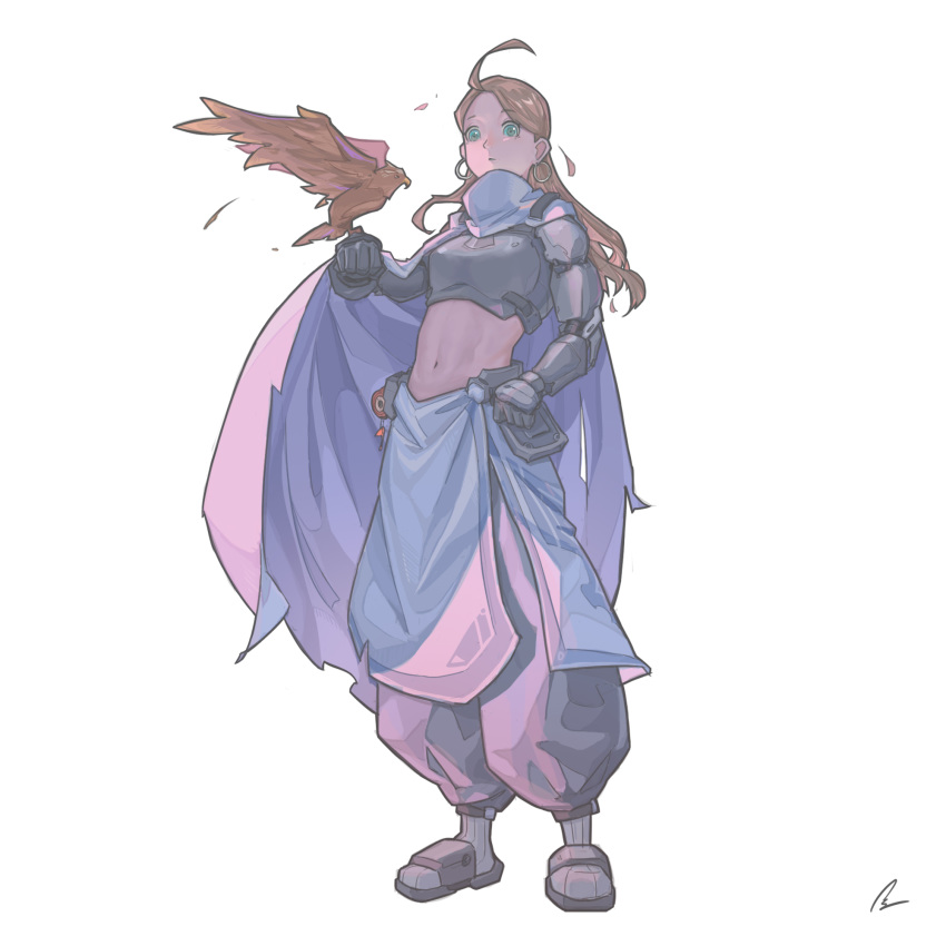 1girl, ahoge, animal, animal_on_arm, armor, bird, bird_on_arm, breastplate, brown_hair, cape, earrings, feathers, gauntlets, green_eyes, highres, hoop_earrings, jewelry, jie-loeng, long_hair, midriff, navel, original, parted_lips, pauldrons, shoulder_armor, signature, simple_background, standing, torn_cape, torn_clothes, vambraces