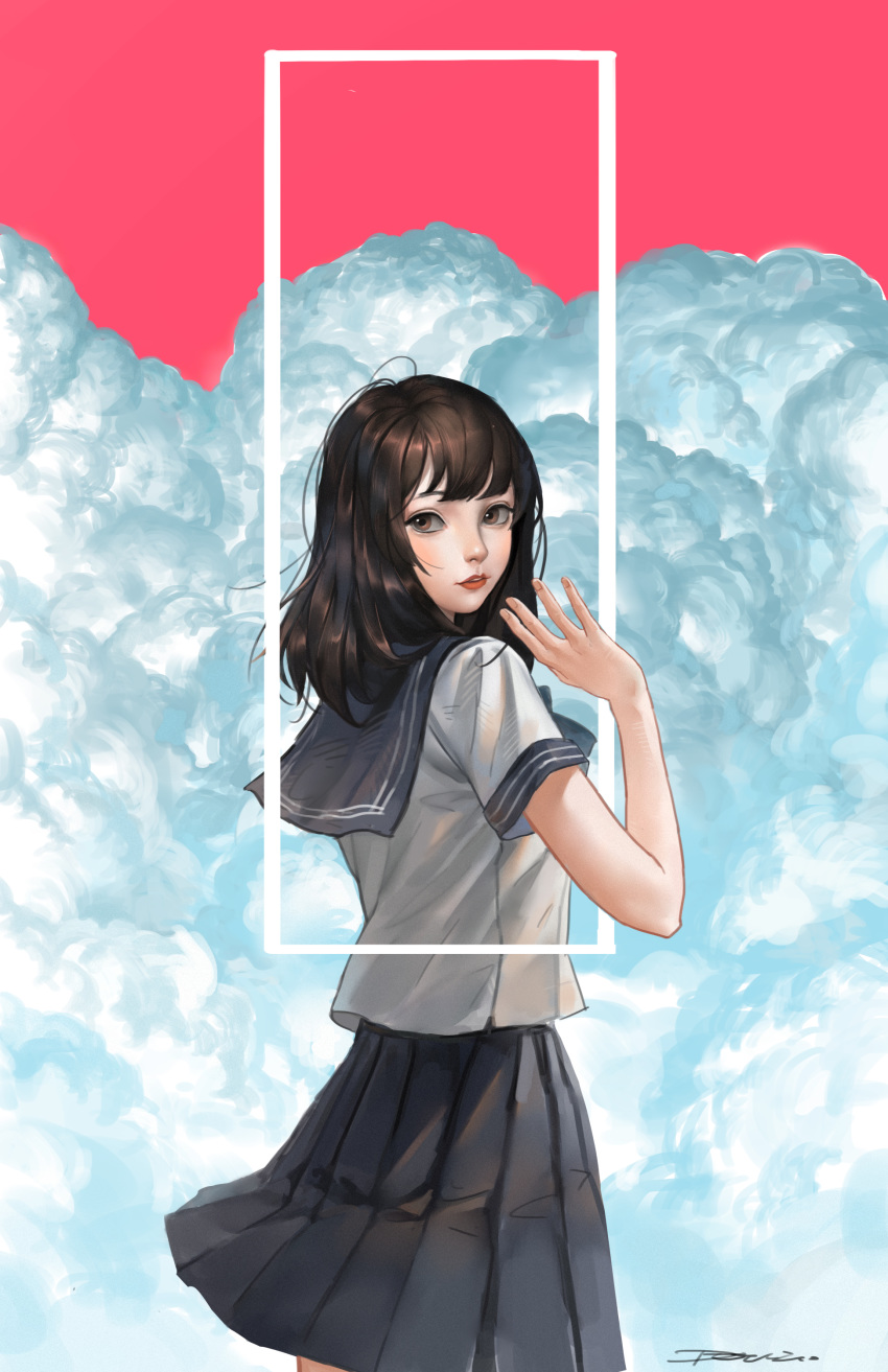 1girl, absurdres, blue_skirt, brown_hair, clouds, devil_lo, fingernails, highres