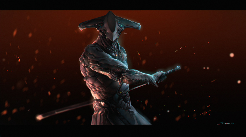 1boy, absurdres, devil_lo, embers, gradient, gradient_background, highres, holding, holding_sword, holding_weapon, katana, loki_(warframe), male_focus, scabbard, science_fiction, sheath, signature, solo, sword, unsheathing, warframe, weapon