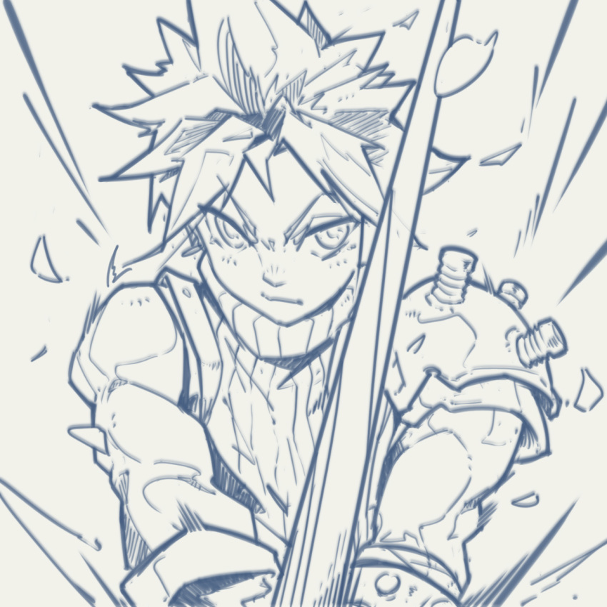 1boy, armor, bandaged_arm, bandages, bare_shoulders, closed_mouth, cloud_strife, earrings, emphasis_lines, eyebrows_visible_through_hair, final_fantasy, final_fantasy_vii, greyscale, hatching_(texture), highres, holding, holding_sword, holding_weapon, jewelry, jie-loeng, male_focus, monochrome, muscle, pauldrons, screw, shoulder_armor, simple_background, single_earring, sketch, solo, sword, turtleneck, weapon