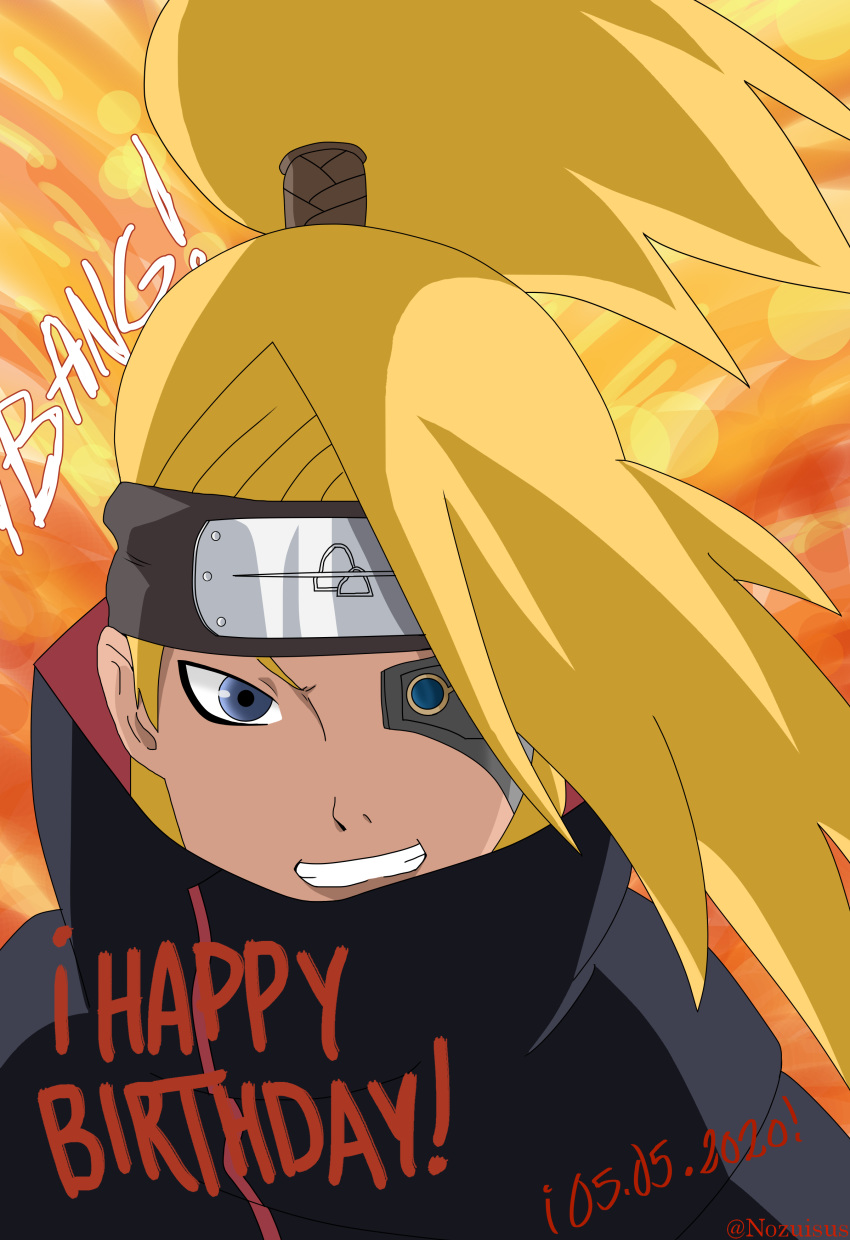 1boy, absurdres, akatsuki_(naruto), artificial_eye, blonde_hair, blue_eyes, deidara, eyepatch