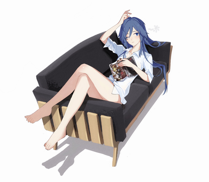 1girl, absurdres, bare_legs, barefoot, blue_eyes, blue_hair, book, couch