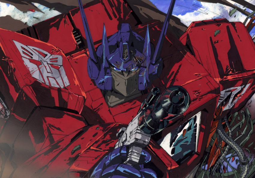autobot, battle_damage, blue_eyes, blue_sky, clouds, damaged, decepticon, gun, handgun, holding, holding_weapon, marble-v, megatron, optimus_prime, p38, pistol, scar, scope, sky, suppressor, transformers, weapon, wire, wreckage