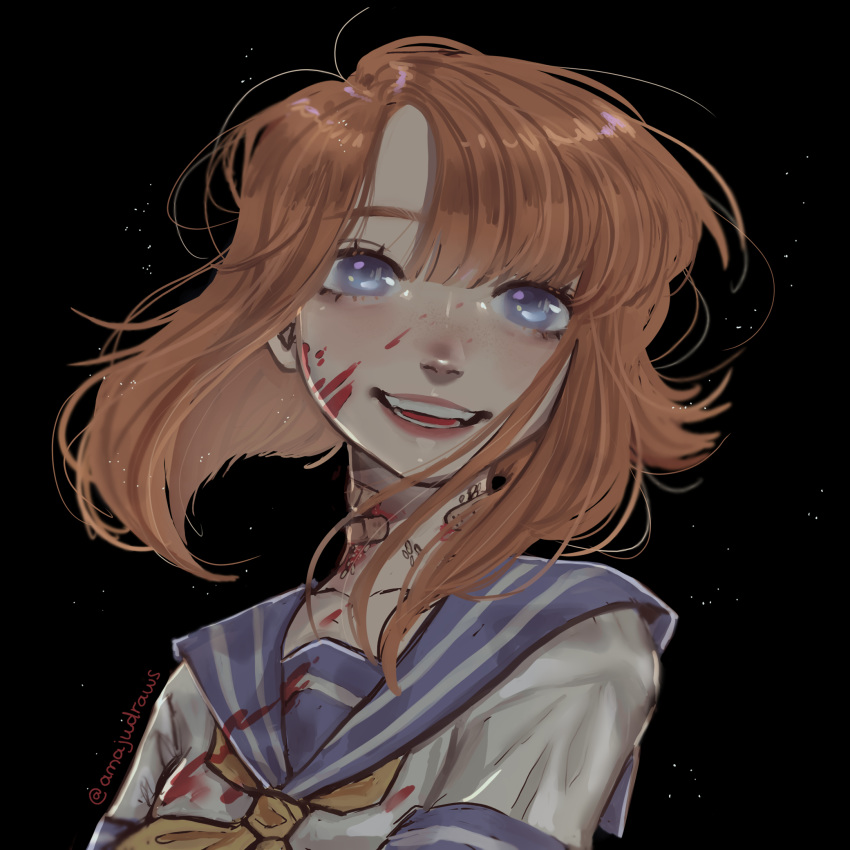 1girl, anajudraws, bandaid, bandaid_on_neck, bangs, black_background, blood, blood_on_face