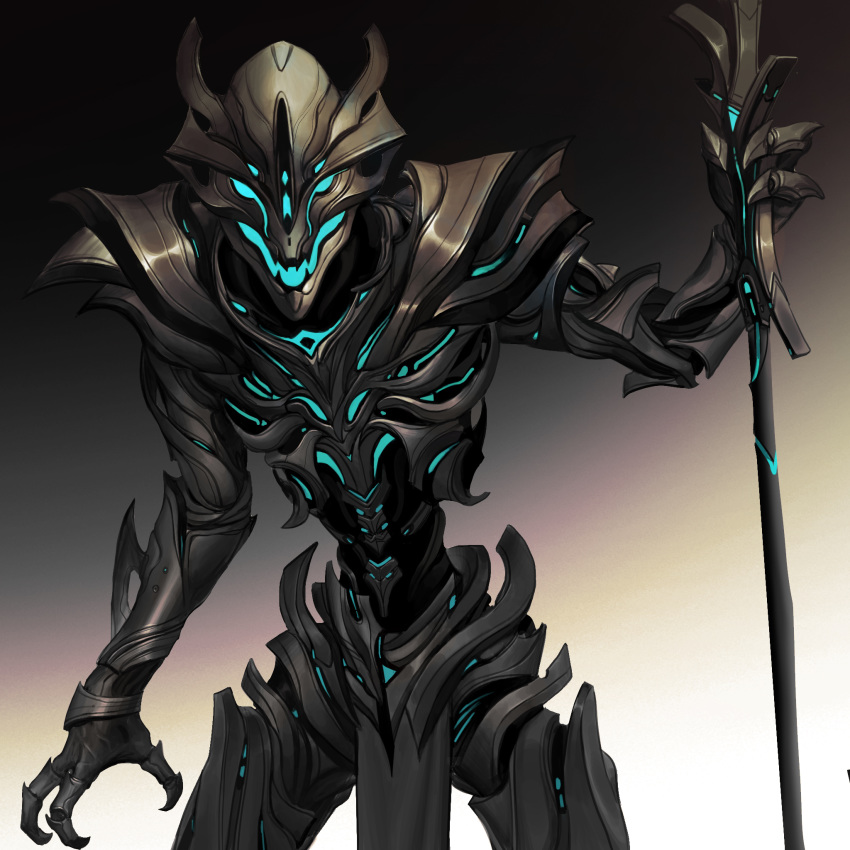 1boy, blue_eyes, claws, cyborg, devil_lo, glowing, gradient, gradient_background