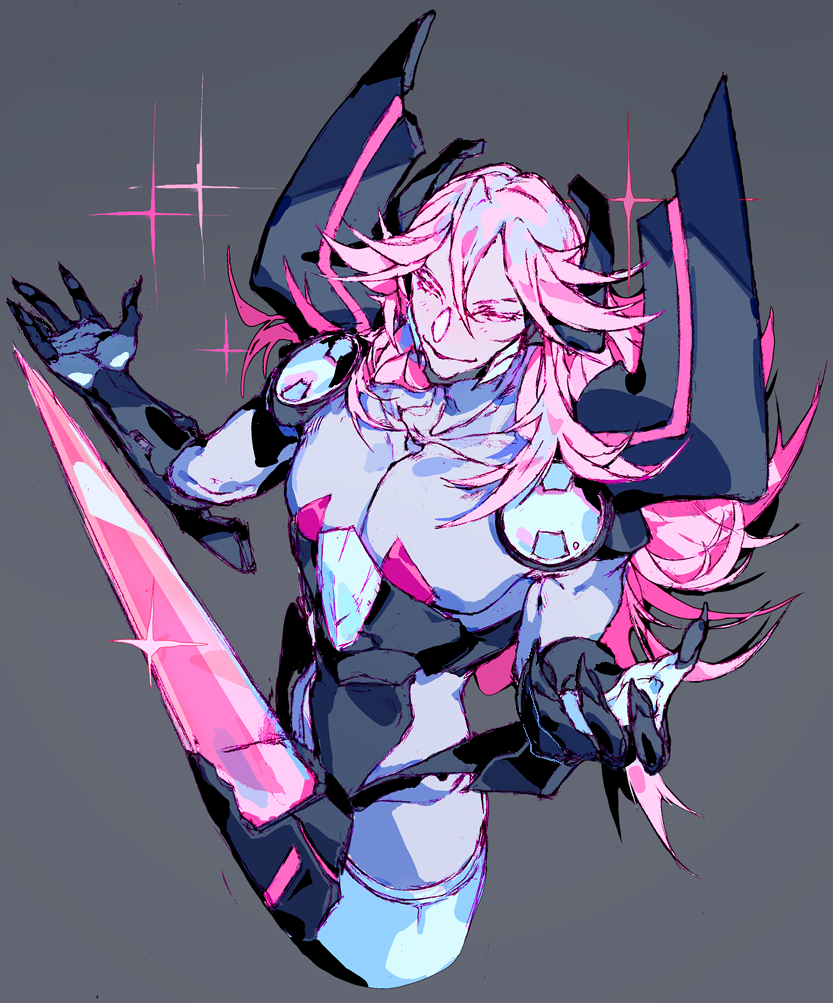 1boy, azure_striker_gunvolt, bare_chest, blade, collarbone, fingernails, grey_background, hair_between_eyes