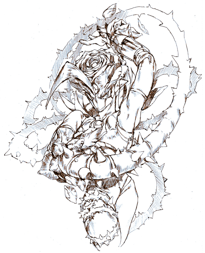 1boy, ahoge, arm_up, flower, greyscale, hatching_(texture), highres, male_focus