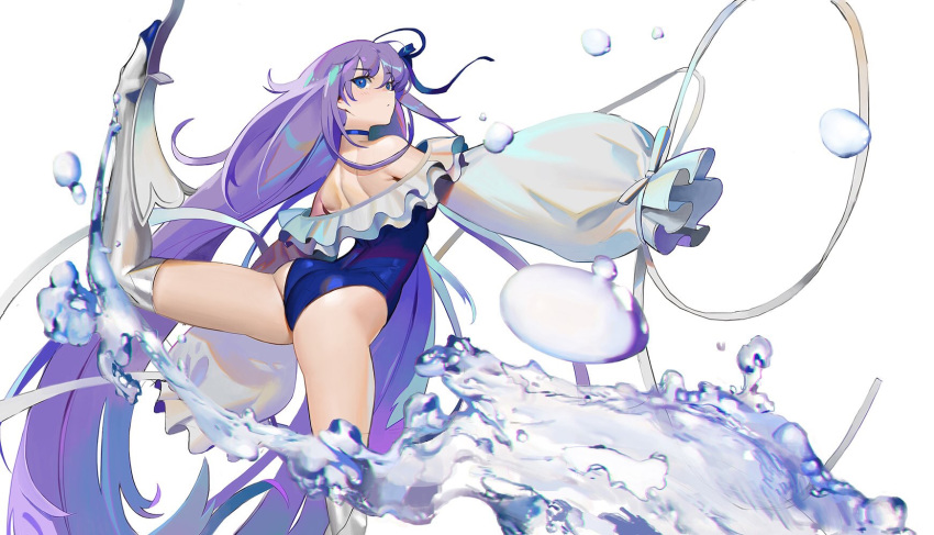 1girl, ass, back, bare_legs, blue_choker, blue_eyes, blue_swimsuit, boots