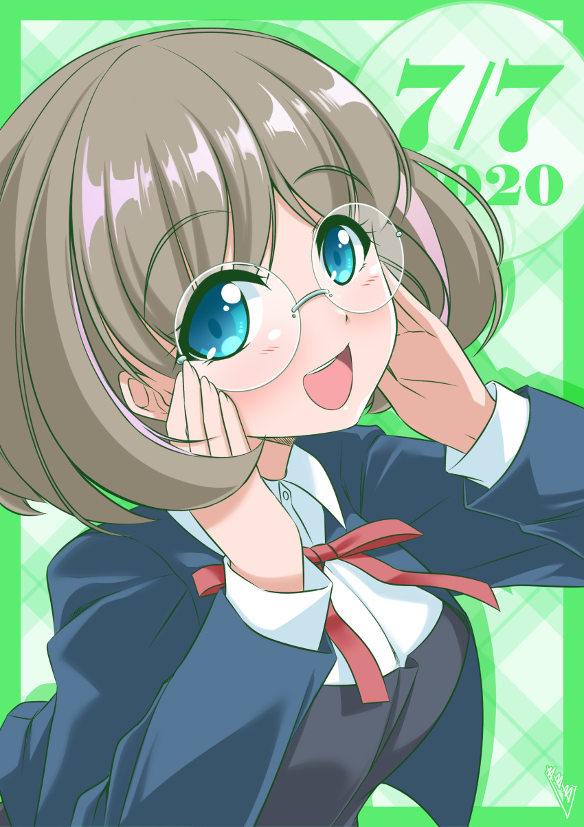 1girl, absurdres, adjusting_eyewear, bangs, bespectacled, birthday, blazer, blue_eyes