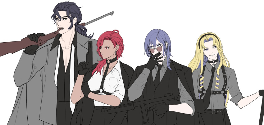 2boys, 2girls, alternate_costume, balthus_(fire_emblem), black_gloves, black_hair, black_hairband, blonde_hair