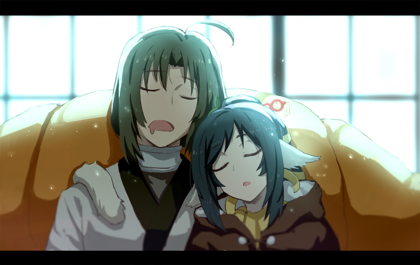 1boy, 1girl, ahoge, animal_ears, bangs, black_hair, brown_coat, brown_hair