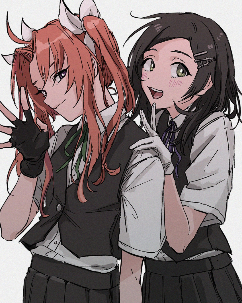 2girls, ahoge, bangs, black_gloves, black_hair, black_skirt, black_vest, blush