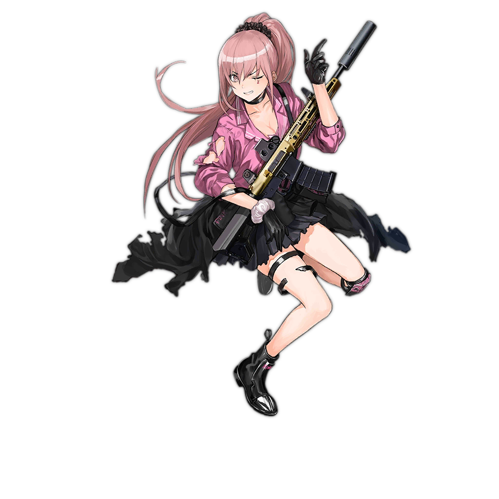 1girl, assault_rifle, bangs, black_choker, black_footwear, black_gloves, black_jacket, black_scrunchie