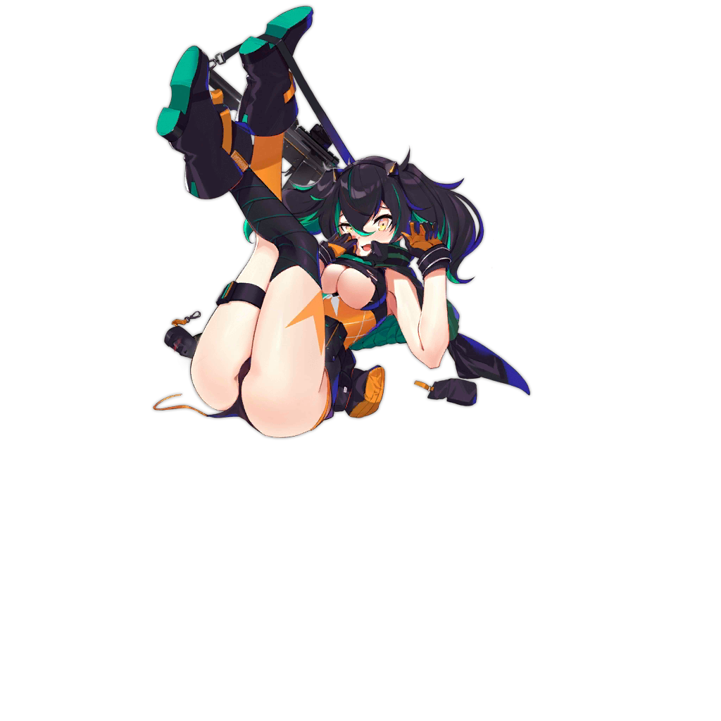 1girl, ass, bangs, black_footwear, black_hair, black_legwear, boots, breasts, damaged, famae_saf, full_body, girls_frontline, gloves, green_hair, gun, hair_between_eyes, headgear, kneehighs, legs, long_hair, looking_at_viewer, multicolored_hair, official_art, open_mouth, orange_legwear, ranyu, saf_(girls_frontline), scope, sitting, sleeveless, solo, streaked_hair, submachine_gun, thigh-highs, thigh_strap, torn_clothes, transparent_background, twintails, two-tone, two-tone_hair, weapon, yellow_eyes
