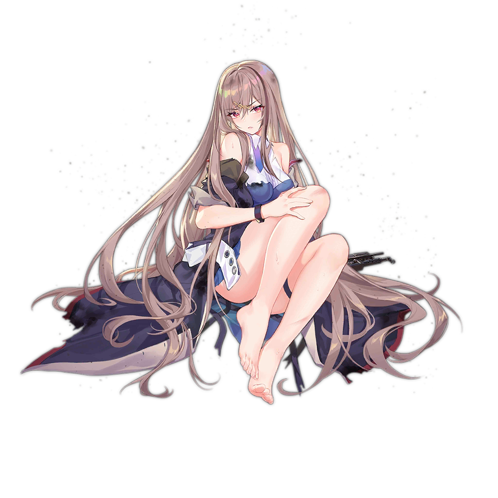 1girl, bangs, barefoot, blue_dress, blue_neckwear, blush, breasts, coat, collared_dress, criin, damaged, dress, eyebrows_visible_through_hair, full_body, girls_frontline, gun, holding, injury, light_brown_hair, long_hair, looking_at_viewer, mat-49, mat-49_(girls_frontline), multicolored, multicolored_hair, necktie, off_shoulder, official_art, open_clothes, open_coat, parted_lips, pink_eyes, sidelocks, sitting, sleeve_cuffs, sleeveless, sleeveless_dress, solo, streaked_hair, submachine_gun, thigh_strap, thighs, torn_clothes, transparent_background, v-shaped_eyebrows, very_long_hair, weapon, wristband