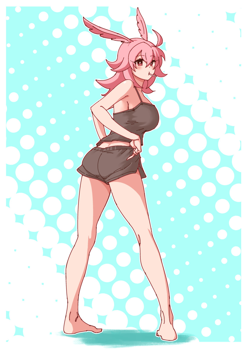 1girl, ahoge, ass, back, bangs, bare_shoulders, barefoot, black_camisole