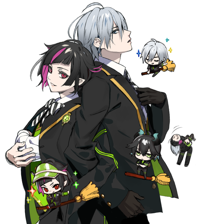 3boys, back-to-back, belt, black_gloves, black_hair, broom, broom_riding, crossed_arms, fangs, gloves, hat, horns, lilia_vanrouge, looking_at_viewer, male_focus, malleus_draconia, multicolored_hair, multiple_boys, necktie, open_mouth, pink_hair, red_eyes, satotekitouni2, school_uniform, short_hair, silver_(twisted_wonderland), silver_hair, smile, sportswear, twisted_wonderland, two-tone_hair