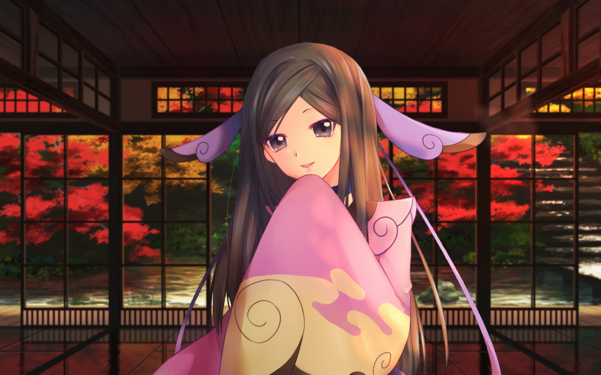 1girl, :d, architecture, bangs, black_choker, black_hair, chami_(charming621), choker, commentary_request, east_asian_architecture, eyebrows_visible_through_hair, furisode, gym_leader, hair_ornament, highres, indoors, japanese_clothes, kimono, long_hair, long_sleeves, looking_at_viewer, mache_(pokemon), open_mouth, pink_kimono, pokemon, pokemon_(game), pokemon_xy, print_kimono, sidelocks, sleeves_past_fingers, sleeves_past_wrists, smile, solo, tree, upper_body, very_long_hair, violet_eyes, wide_sleeves, window