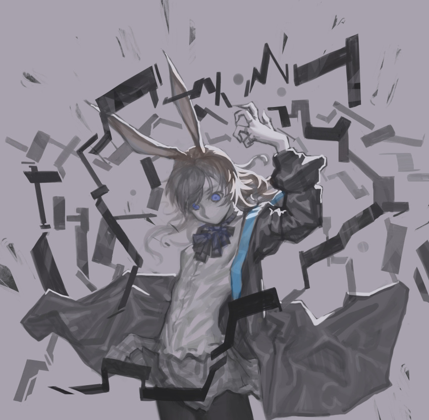1girl, absurdres, amiya_(arknights), animal_ears, arknights, blue_eyes, grey_background, highres