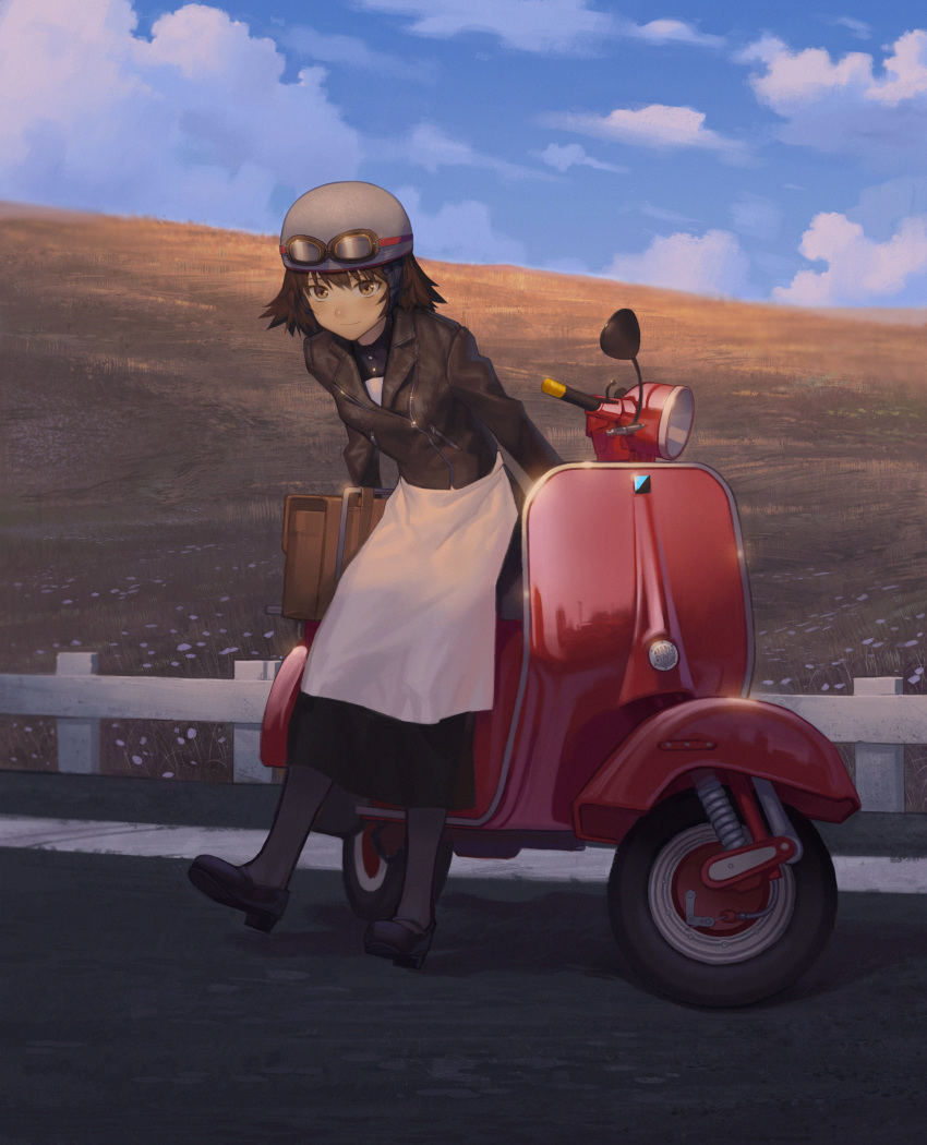 1girl, absurdres, apron, black_footwear, black_jacket, black_legwear, brown_eyes, brown_hair