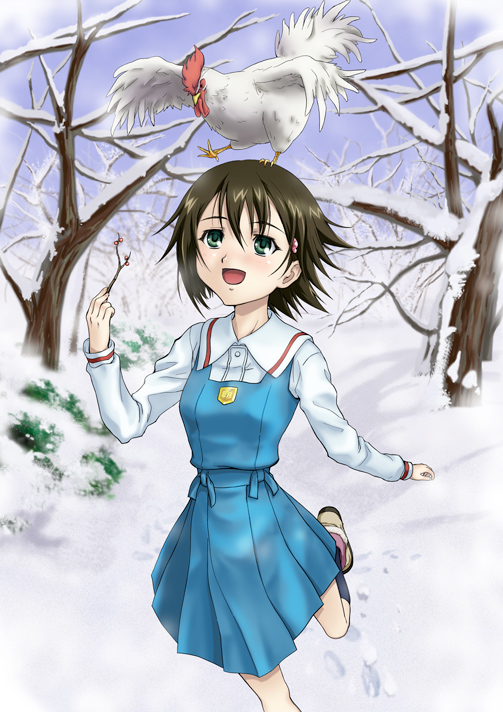 chicken, isurugi_noe, morisu, raigomaru, school_uniform, snow, true_tears