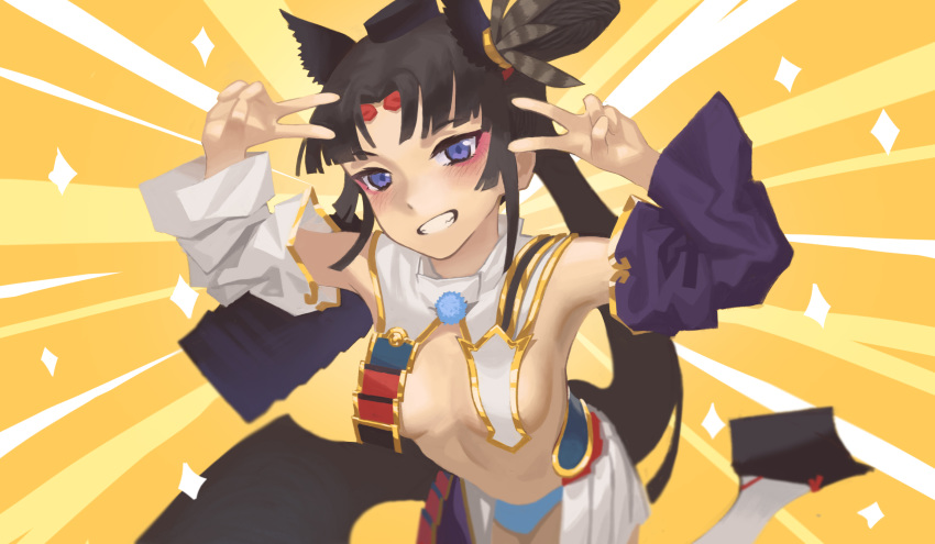 1girl, absurdres, black_hair, blue_eyes, blush, breasts, double_v, emotional_engine_-_full_drive